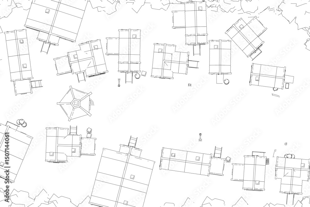 Poster a white background with a bunch of buildings scattered around. the buildings are of different sizes 