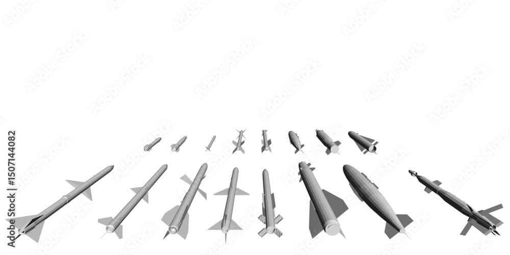 Poster a collection of different types of missiles and bombs are shown in various sizes and shapes. concept