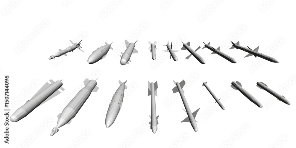 Poster a collection of different types of missiles and bombs are shown in various sizes and shapes. concept