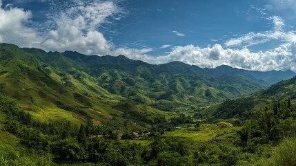 Obraz premium The panoramic view of lush hills in the distance, dotted with dense forests and rolling hills, and the tranquil natural landscape under the soft sunlight make for a sense of serenity and awe.