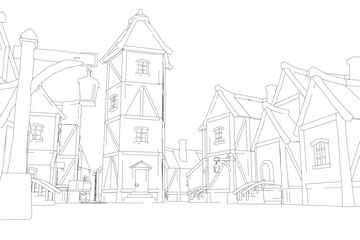Naklejka premium A drawing of a village with a few houses and a church. The houses are old and the church is small. Scene is peaceful and quiet