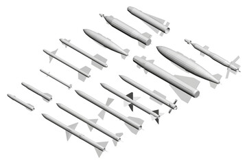 A series of missiles are shown in various sizes and shapes. Concept of military power and strength, as the missiles are arranged in a row and appear to be in motion. Isometric view. 3D
