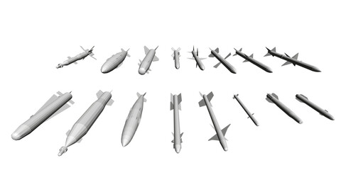 A collection of different types of missiles and bombs are shown in various sizes and shapes. Concept of military power and destruction, as these weapons are designed for warfare and destruction