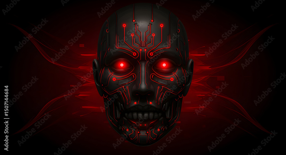 Poster abstract cybernetic visage with illuminated circuitry in fiery red hues