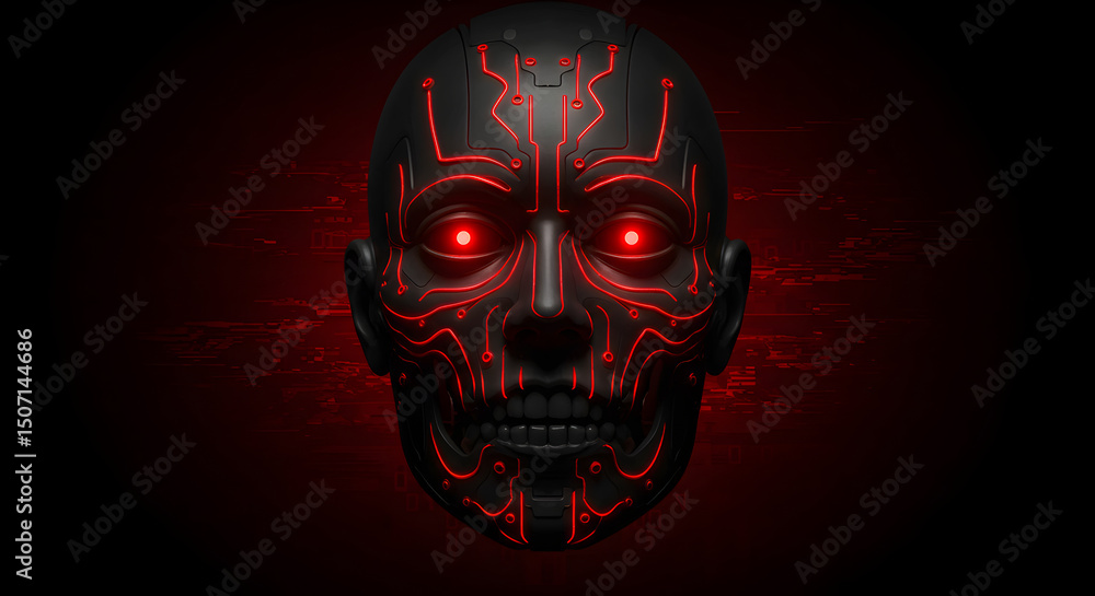 Poster a futuristic and technologically advanced robotic face with glowing red details on dark background