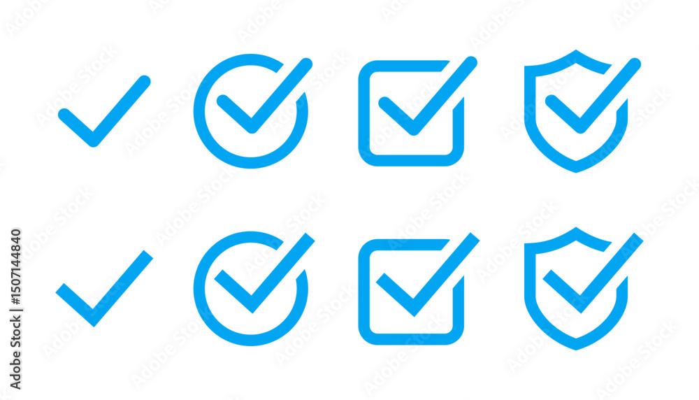 Poster check box icon with correct. check mark icon. tick symbol. right mark icon. shield check mark icon. 