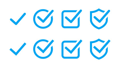 Check box icon with correct. Check mark icon. Tick symbol. Right mark icon. Shield check mark icon. Confirm symbol.