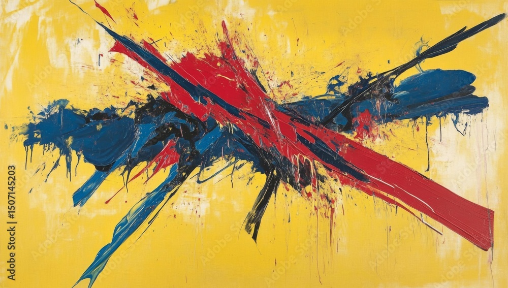 Poster abstract expressionism, with bold red and blue lines on a yellow background and splashes of paint cr