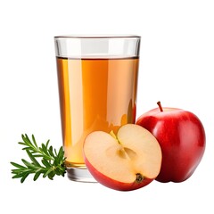 Glass of natural apple juice with red apples, fresh rosemary herb, and apple halves on white background