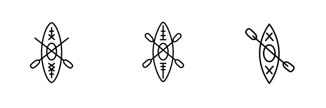 Monochrome kayak icons representing water sports and outdoor adventure. Travel concept in vector set in minimalistic style