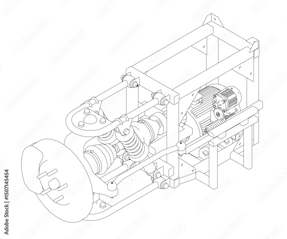 Aufkleber a drawing of a machine with a lot of parts. the drawing is black and white. the machine is a complex