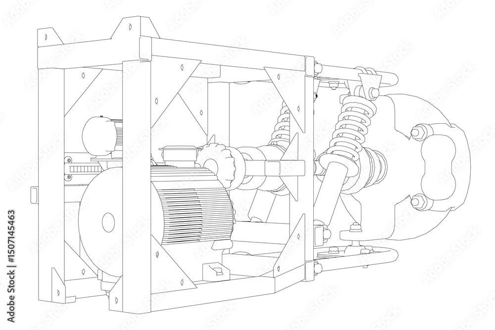 Poster the image is a black and white drawing of a machine with a motor. the machine is designed to be used
