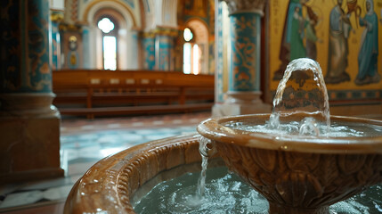 Baptismal Font with Holy Water in a Church - Sacred Christian Baptism Ceremony Symbol