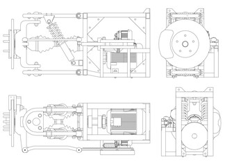 A drawing of a machine with a wheel and a gear. The drawing is in black and white