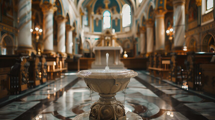 Baptismal Font with Holy Water in a Church - Sacred Christian Baptism Ceremony Symbol