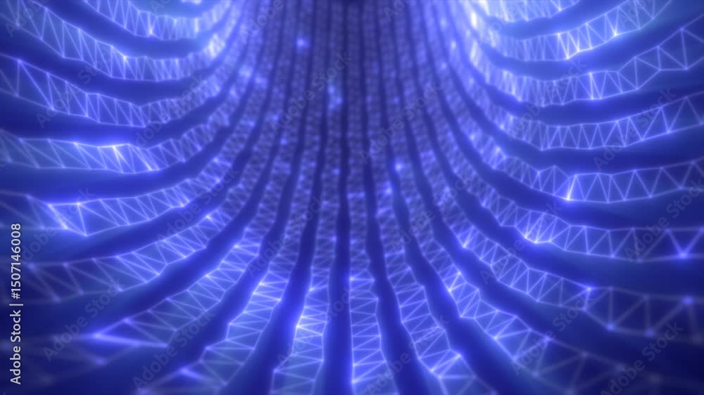 Poster abstract glowing data tunnel with luminous blue grid patterns forming a futuristic digital space