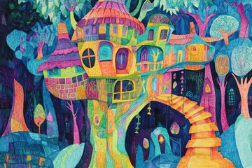 Obraz premium Colorful whimsical treehouse nestled in a mystical forest