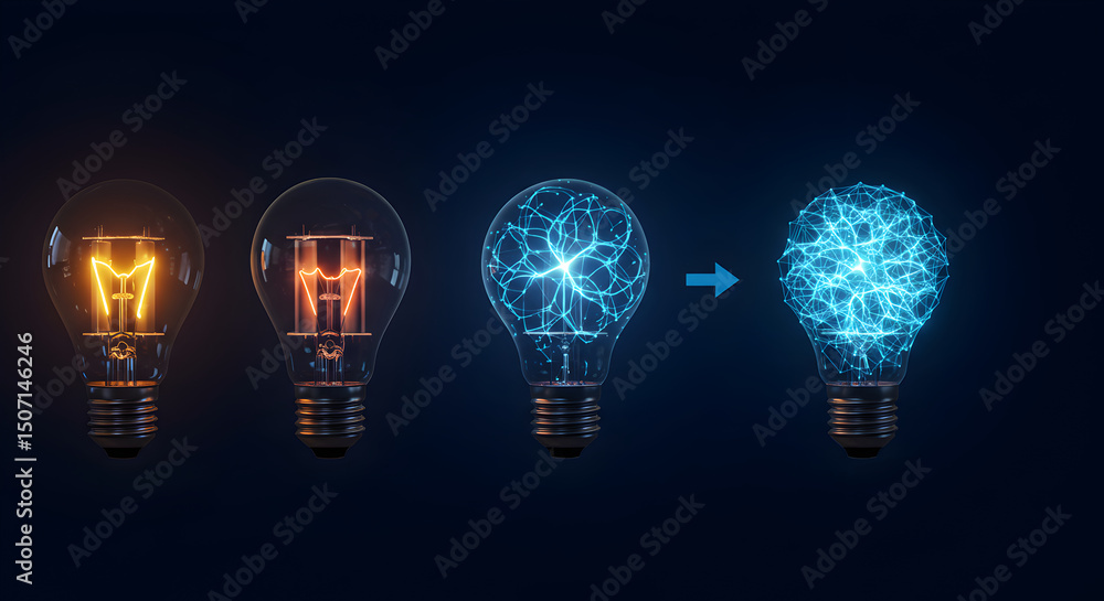 Poster creative lightbulb idea generation process visualizing neural connections on a dark background