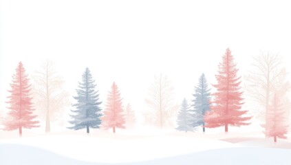 Fototapeta premium Abstract winter forest landscape background with trees in pastel colors on a white background, vector illustration. Wide banner with copy space area, simple flat design, minimalist, pastel color theme