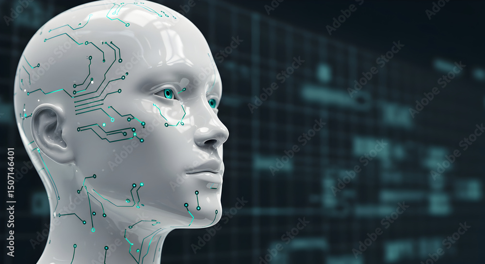 Poster conceptual artwork showcasing an elegant synthetic android with digital circuits and data background