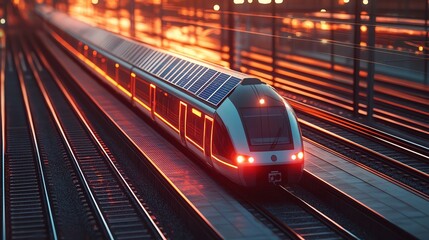 Fototapeta premium Modern train at sunset on railway tracks.