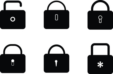 Modern Lock Icons Set for Digital Security and Privacy, Vector Password Symbol Silhouette