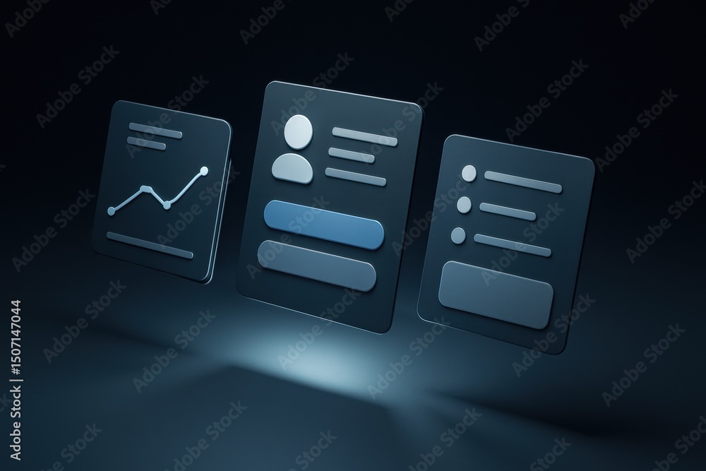 Poster illustrates business strategy and decision-making through floating interface cards symbolizing data 