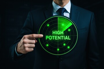 Fototapeta premium A business professional highlights the concept high potential and strategic growth emphasizing decision-making and innovation to drive success in competitive environments