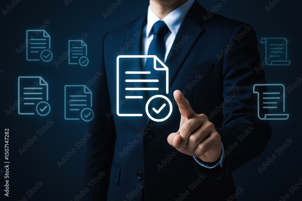 Poster a business professional demonstrates efficient document validation emphasizing strategy decision-mak