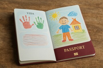 Open passport with child drawing and handprints instead of a visa