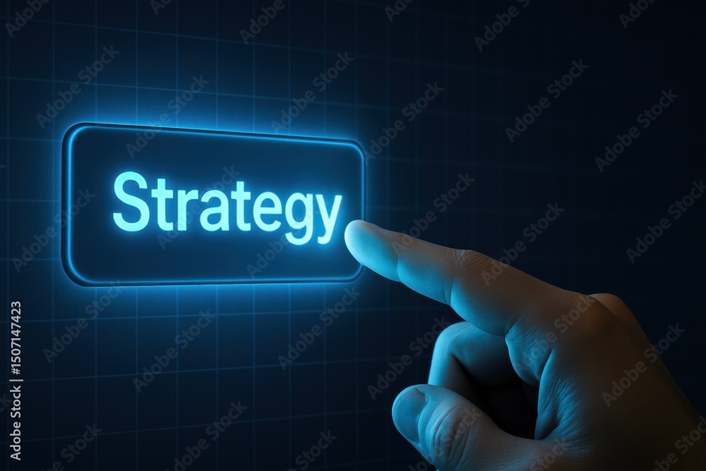 Aufkleber a glowing button labeled strategy is pressed on a digital interface symbolizing decisive business pl