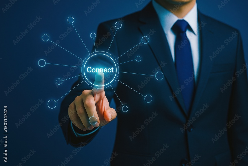 Poster a businessman strategically interacts with a digital network interface highlighting innovation and d