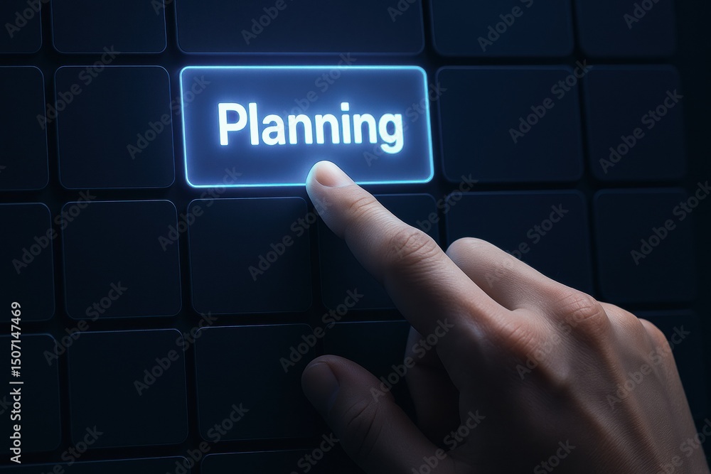 Poster a selects a glowing planning button on a segmented interface symbolizing strategic decision-making a