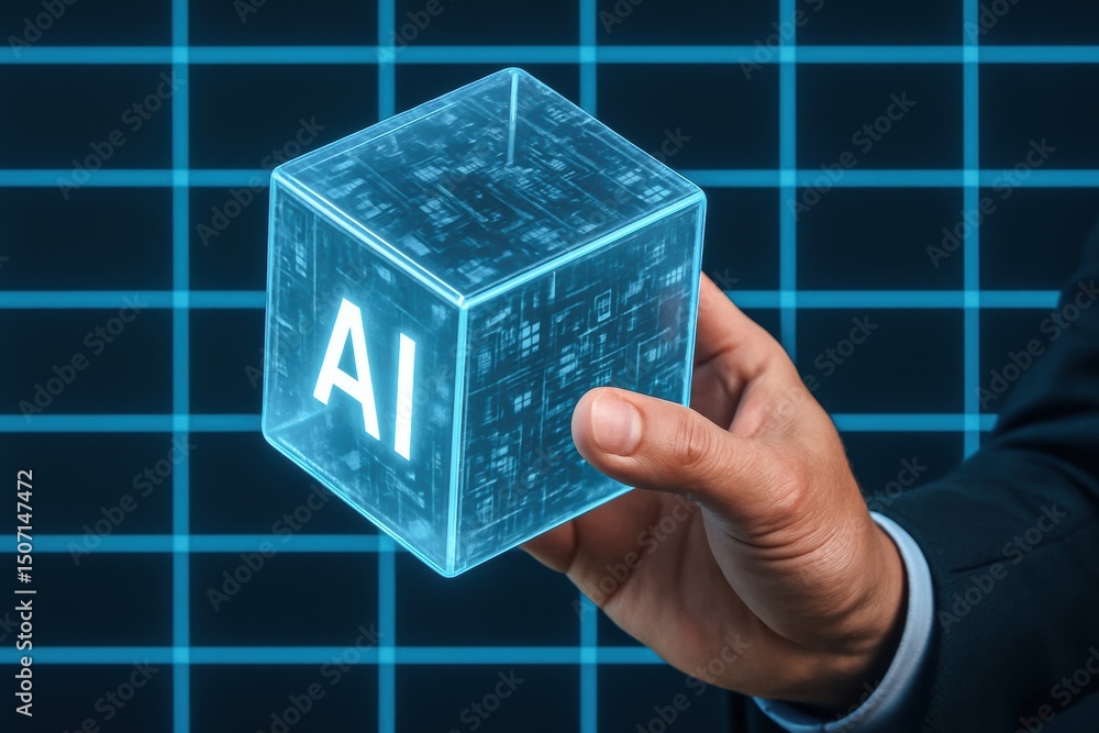 Poster a rotates a translucent ai data cube symbolizing innovation and strategy in business decision-making