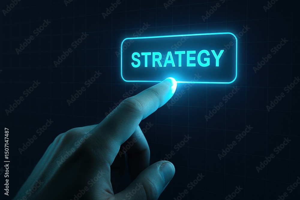 Aufkleber a pressing a glowing strategy button on a high-tech digital interface symbolizes business decision-m