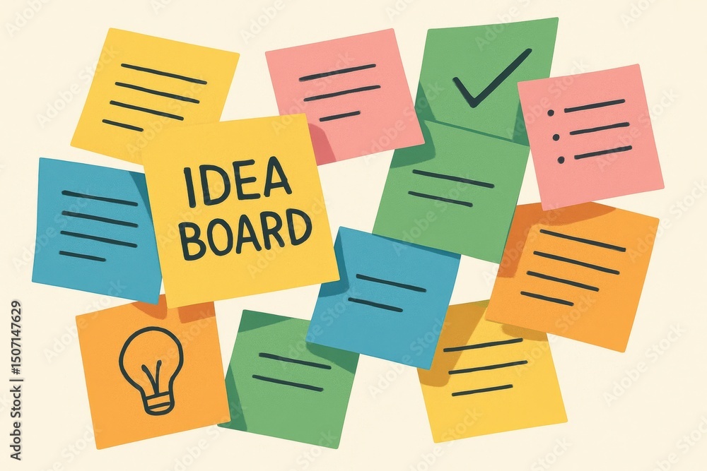 Poster a colorful idea board with overlapping notes arranged dynamically to illustrate strategic business d