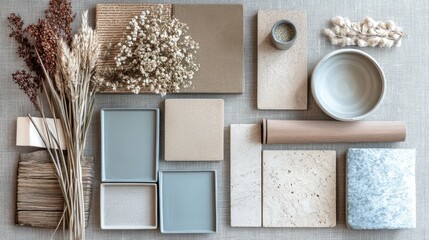 moodboard of interior design, Scandinavian, Japandi styles in light blue and beige