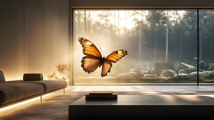 Butterfly Dances in Serene Minimalist Living Space with Framing Nature Views