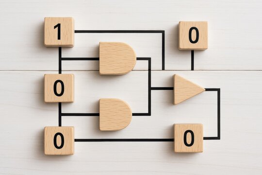 This digital circuit concept crafted with wooden blocks symbolizes strategic decision making and innovation highlighting efficiency in business processes