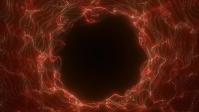 Red particle vortex with dynamic energy waves forming a circular void in the center