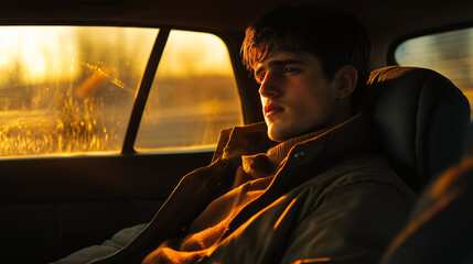 Young man reflects during sunset in backseat of a car while traveling on a scenic route