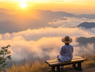 Obraz premium Traveler in traditional thai clothing witnesses sunrise over misty mountains nature landscape serene environment peaceful view