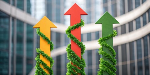 ESG compliance strategy concept. Greenery intertwined with growth arrows against a modern backdrop.