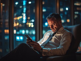 Businessman loosening tie and slumping in office chair urban nightscape lifestyle photograph indoor relaxation concept