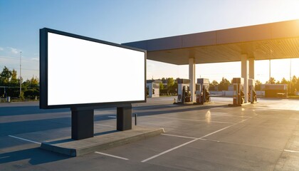 Naklejka premium Blank Billboard at Modern Gas Station during Sunset with Clear Sky