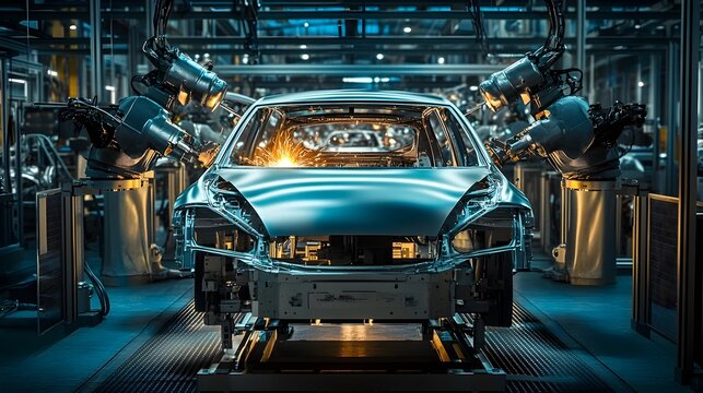Futuristic Automotive Factory Robotic Welding Symphony Seamlessly Assembling Car Bodies