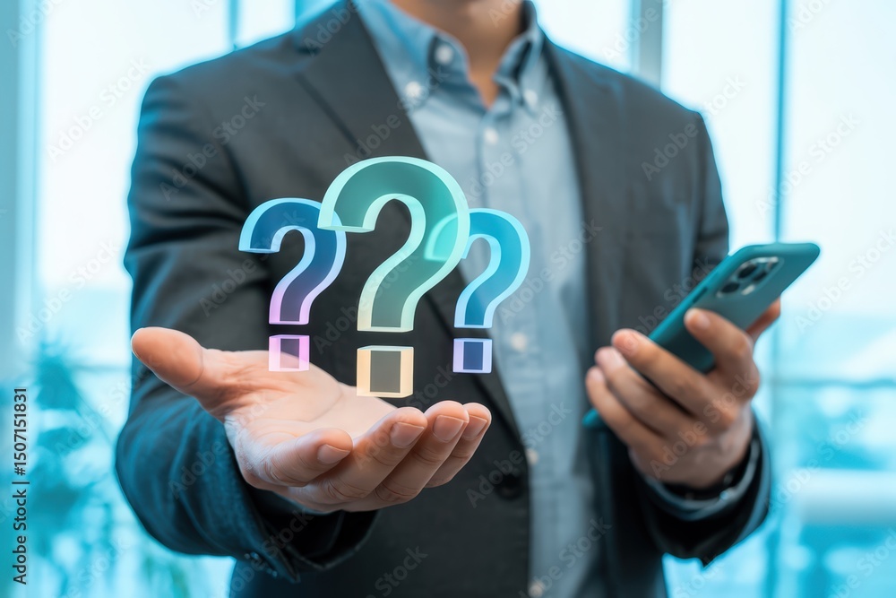 Poster navigating uncertainty a businessman contemplates questions with modern technology and a clear backg