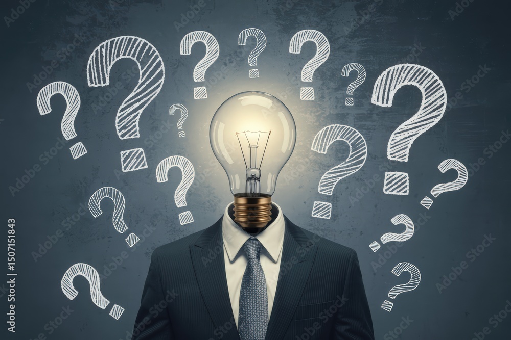 Poster enlightened inquiry a light bulb head surrounded by questions symbolizing knowledge seeking and prob
