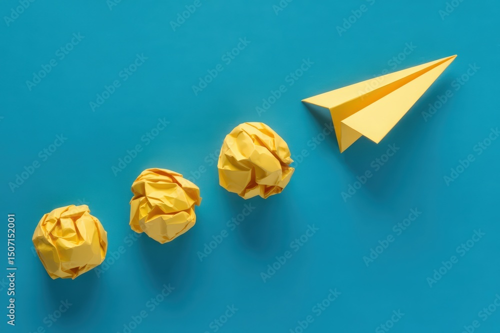 Poster from idea to launch concept featuring crumpled paper and a paper airplane on a blue background symbo