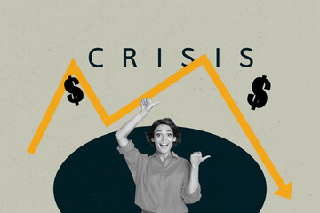Composite image collage of inexperienced businesswoman businessman stand arrow decline dollar loss crisis inflation coin
